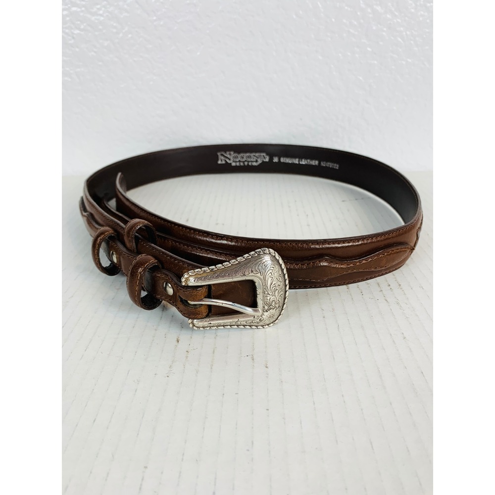 Nocona Belt Co Western Belt Women 36 Brown Leather Engraved Buckle Boho Vintage